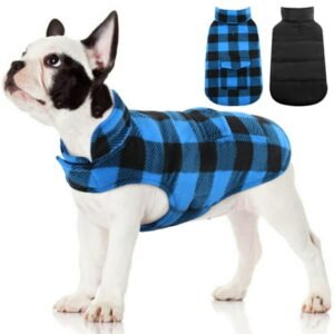 Kuoser British Style Plaid Dog Winter Coat, Windproof Cozy Cold Weather Jacket for Dogs, Blue, XS