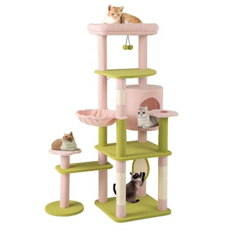 Gymax 58” Plush Cat Tree Floral Climbing Tree Multi-level Cat Tower w/ Round Basket
