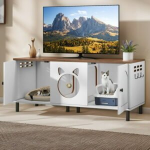 Uforic Cat Litter Box Enclosure with Legs, Wooden Cat Litter Box Furniture with Double Room for 2 Cats, White