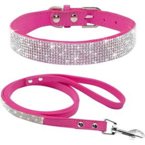Rhinestone Bling Leather Dog Collar and Leash Set, Cute Dazzling Sparkling Soft Velvet Dog Cat Collar Crystal Diamond Puppy Collar