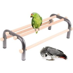 Large Bird Training Perch Long Stand for African Grey Macaw Big Birds, Rustproof Metal Durable Heavy Duty Metal Frame with 4 Wooden Bars for Bird to Play Climb and Exercise Toy