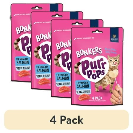 (4 pack) BONKERS Purrpops Freeze-Dried Salmon Flavored Lollipop Treats for Cats, 4 Pack