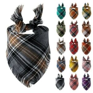 Vivifying Fall Dog Bandana With Tassels Edges, Classic Plaid Dog Scarf, Funny Dog Apparel & Accessories For Photo Prop, 55X38X38Cm Size Pet Scarf For Party Decor