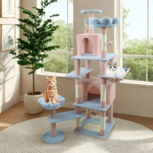 YIYADO 71 Inch Floral Cat Tree, Floral Design Cat Climbing Tree with Large Apartment Removable Flower Mat and Hammock, 7 Reinforced Posts Multi-Layer Wrapped in Natural Sisal, Blue