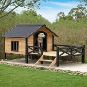 ZephyPaws Large Outdoor Dog House,67in Extreme Outback Log Cabin Dog Kennel with Elevated Floor and Porch,Weatherproof Wooden Dog Houses Pet Puppy Shelter for Small to Large Dogs,Brown Black