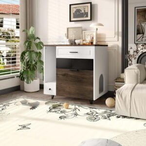 Pet Beds Cat Litter Box Enclosure, Indoor Hidden Cat Litter Box Furniture with 2 Drawers and Door, Cat House End Table for Living room, White and Brown,Dog Beds