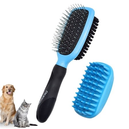 Double-Sided Pet Dog Cat Brush for Detangling Deshedding & Removing Small Mats plus Rubber Dog Bath Brush for Grooming, Shedding, Massage & Skin Care Brush – Best Pet Detangler Brushes