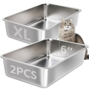 NYUTU Stainless Steel Cat Litter Box 2 Pack,XL Metal Litter Box for Big Cats, Cat LitterBox Metal Pet Toilet Easy to Clean,High Sided Litters Boxes Adult Big Cats,Non Stick, No Smell,23.6″x15.8″x6″