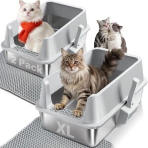 Stainless Steel Cat Litter Box with Lid, 2 Pack XL Metal Litter Box High Sided, Odor-Free/Anti-Urine Leakage & Non-Stick, Extra Large Litter Box with Mat & Scoop for Multiple/Big Cats, Easy Clean