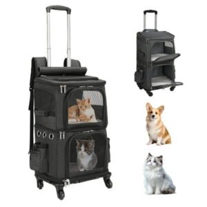 MINGYI Double-Compartment Pet Carrier with Wheels,Dog Backpack Carrier for 2 Small Dogs and Cats,Cat Rolling Carrier for Traveling/Taking a Walk/Trips to The Vet(Black)