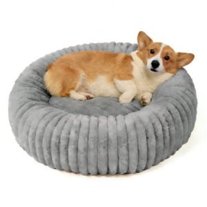 Cshidworld 20″ Calming Donut Dog Bed for Small Dogs, Corduroy Fleece, Anti-Anxiety Plush Pet Bed, Washable Faux Fur Puppy Bed for Small & Medium Dogs and Cats