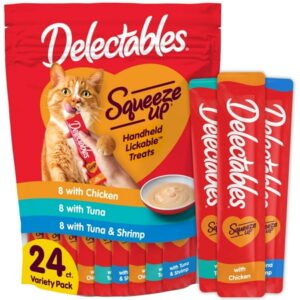Delectables Squeeze Up Cat Treat, 24ct Variety Pack with Chicken, Tuna & Shrimp, 24 tubes of .5oz