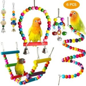 6 PCS Bird Toys Parakeet Toys,Dinosam Colorful Parrot Toy for Small Parakeets Cockatiels Conures Finches Swing Chewing Hanging Bell Cage Hammock Toy