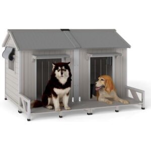 PETSCOSSET 59.4″L Large Dog House Outdoor & Indoor, Fir Wood Dog Shelter with Weatherproof Openable Asphalt Roof, Gray