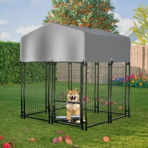 4.2’x3.8’x4.8′ Outdoor Dog Kennel with Roof, Welded Wire Dog Kennel Outside Run with 360° Rotating & 2 Bowls, for S&M&L Breeds, Chickens, Ducks