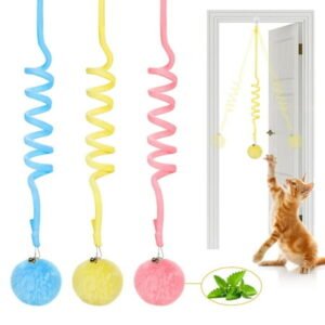 Hanging Fluffy Cat Catnip Ball Toys Interactive Teaser Retractable, 3 Pcs Cat Toys with Bell Indoor Kitten Play Chase Exercise Physical Stimulation