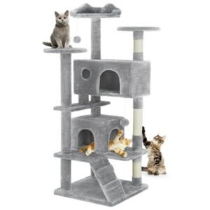 GIANNA 54″ Indoor Cat Tree Tower with Multiple Levels, Sisal Scratching Post, Spacious Condo, Climbing Ramp, Kitten Toy, Light Grey