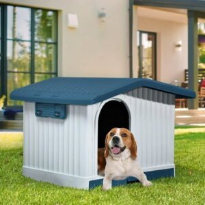 Dextrus Large Plastic Dog House with Liftable Roof, Indoor Outdoor Doghouse Puppy Shelter with Detachable Base and Adjustable Bar Window, Water Resistant Easy Assembly