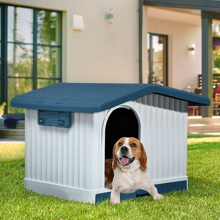 Dextrus Large Plastic Dog House with Liftable Roof, Indoor Outdoor Doghouse Puppy Shelter with Detachable Base and Adjustable Bar Window, Water Resistant Easy Assembly