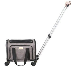 CAFORKP Rolling Pet Carrier for Air Travel – Airline Approved Cat & Dog Carrier with Telescoping Handle, Wheels, Shoulder Strap & 1 Folding Food/Water Bowl, Grey, Pets Up to 25 lbs