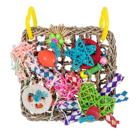 RABBITH Bird Foraging Wall Toy with Hanging Hook 7.1×7.1 Inches Seagrass Woven Mat with Colorful Wooden Plastic Shred Chew Toys