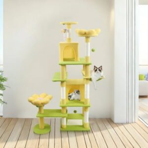 YIYADO 71 Inch Floral Cat Tree, Floral Design Cat Climbing Tree with Large Apartment Removable Flower Mat and Hammock, 7 Reinforced Posts Multi-Layer Wrapped in Natural Sisal, Yellow