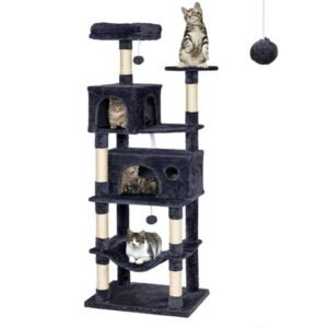 Senbonry 67in Heavy Duty Cat Tree for Indoor Cats Large Adult,Tall Cat Climbing Tower with Hammock,Sisal Scratching Post,Basket,Removable Perch,Condo,Dark Gray