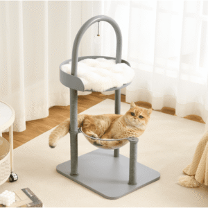 Modern Cat Tree, Wood Cat Tower with Steel Frame, Scratching Posts, Cat Capsule, Plush Mat, Bell Dangling Toy, Aesthetic Minimalist Heavy-Duty Cat Climbing Tree for Large Indoor Adult Cats