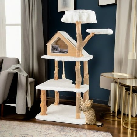 Demi Bonn 60″ Solid Wood Cat Tree Tower for Indoor, Modern Cat Condo with Scratching Post, Cat Climbing Tree House Furniture, White