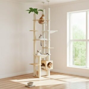 Pefilos Floor to Ceiling Cat Tree 93.3’’-100.8’’ Height Adjustable, Wooden Cat Tower Tall Climbing with Scratching Posts, Condo, Perches and Hammock, Beige