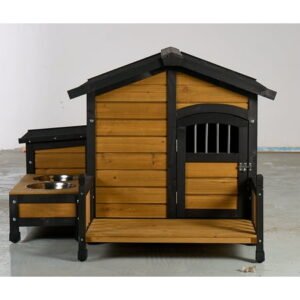 ZephyPaws 50“ Large Outdoor Wooden Dog House with Porch, Feeding Station & Storage Box, Weatherproof Fir Wood Kennel with Lockable Door, Yellow