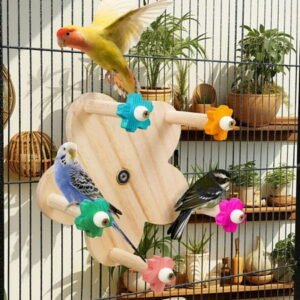 Bird Toy Rotating Perch Toy, Wooden Parrots Wheel Toy with Perches, Hanging Bird Stand Cage Accessories