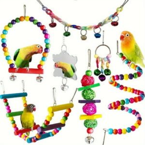 7pcs Colorful Parakeet Cockatiel Bird Toys, Hanging Bell Pet Bird Cage Hammock Swing Toy Wooden Perch Chewing Toy for Budgerigar, Conures, Love Birds, Finches, Mynah (random color)
