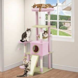 Dextrus 61″ Tall Flower Cat Tree Tower, Indoor Cute Cat Climbing Tower with Cat Condo, Hammock, Cute Sisal Scratching Posts and Perches, Pink & Green