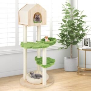 Amijoy Wooden Cat Tree, 55″ Tall Cat Climbing Stand w/ Sisal Scratching Posts, Pine Wood Top Condo, Soft Cat Bed, Hammock
