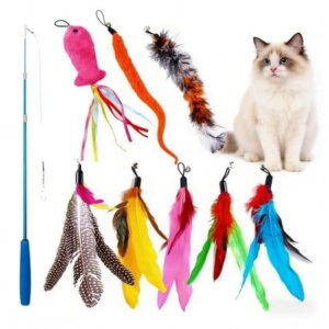 9PCS Cat Wand Toy, Cat Interactive Toys for Indoor Cats, 1 teasing stick cat, 8 replacement plush toys, Play Chase Exercise with Kitten