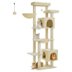 69″ Tall for Indoor Large Cats, Cat Tower for Adult Cats with Super Big Hammock, Cat Climbing Tree Tower with Scratching Posts, Condo House Large Top Perch, Beige