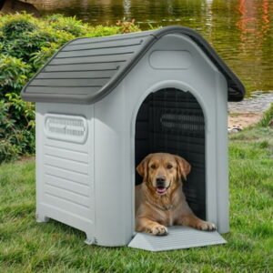 ModFusion 33” Large Outdoor Plastic Dog House with Adjustable Skylight and Water Resistance, Grey – Perfect for Large Breeds