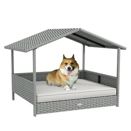 PawHut Wicker Dog House Outdoor with Canopy, Rattan Dog Bed with Water-resistant Cushion, for Small and Medium Dogs, Cream White