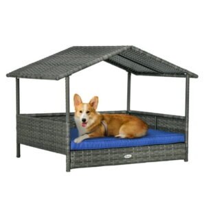 PawHut Wicker Dog House Outdoor with Canopy, Rattan Dog Bed for Small Medium Dogs, Water-Resistant, Dark Blue Blue + Rattan