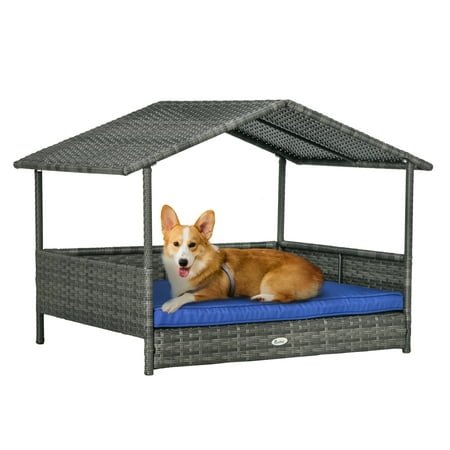 PawHut Wicker Dog House Outdoor with Canopy, Rattan Dog Bed for Small Medium Dogs, Water-Resistant, Dark Blue Blue + Rattan