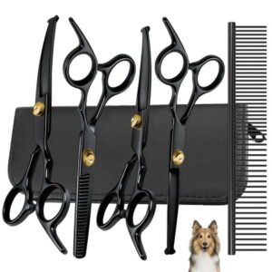 XUEYU Professional Dog Grooming Scissors Kit, 6 in 1 Titanium Coated Dog Grooming Scissors with Safety Round Tips, 4CR Stainless Steel & Heavy-duty, Pet Grooming Shears Kit for Dogs Cats(Pro Black)