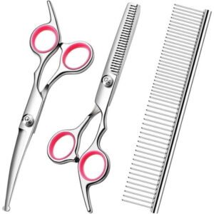 HTSQYL Professional 3 in 1 Dog Grooming Scissors Set with Safety Round Tips, Sharp and Heavy-duty Pet Grooming Shears for Cats, Thinning, Curved Scissors with Comb for Dogs