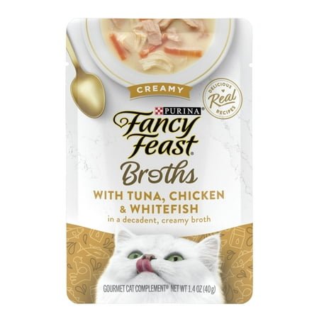 Purina Fancy Feast Broths Wet Cat Food, Creamy Chicken & Whitefish, 1.4 oz Pouch (16 Pack)