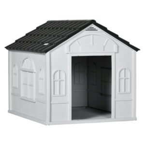 Plastic Dog House, Water Resistant Puppy Shelter – Indoor Outdoor for Small Medium Dogs, Gray