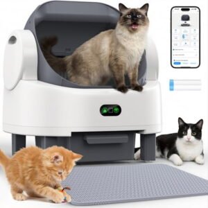 Smart Self-Cleaning Litter Box for Multiple Cats – Automatic Open-Top Cat Litter Box with App Control, 12 Safety Sensors & Odor Control – Includes Litter Liner Bags & Waterproof Litter Mat – White