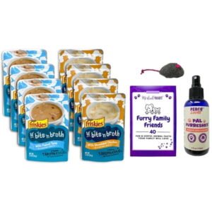 Friskies Bits n Broth – Lil Slurprises Topper – 2 Flavors; 4 Each: Flaked Tuna, Shredded Chicken | Percy Loves Pet Furresher, Cat Toy, MerlinsMart Zine