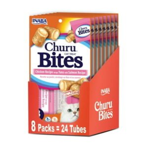 INABA Churu Bites, Soft Cat Treats, 0.35 oz Tube, 24 Tubes, Tuna with Salmon