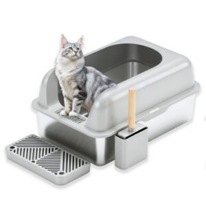 Furrbby XL High Side Litter Box Stainless Steel Litter Box for Cat, Odor-Free, Easy Cleaning, Anti-Leakage, Scoop Included