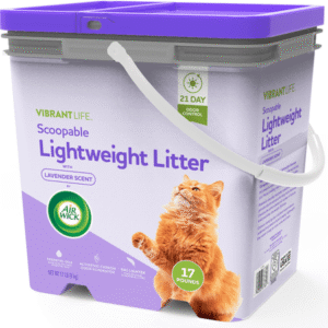 Vibrant Life Lightweight Air Wick Lavender Oil Scented Clumping Cat Litter with Activated Carbon 21 Days Odor Control, 17 lb Pail